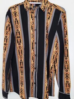 Baroque Gold Drill Clothing Stripe Button-Up Shirt Mena M Black & Gold